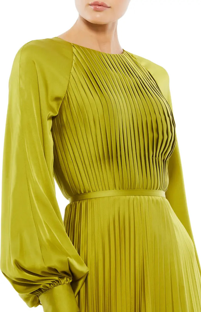 Ieena for Mac Duggal Pleated Long Sleeve Satin A-Line Gown | Nordstrom | Nordstrom