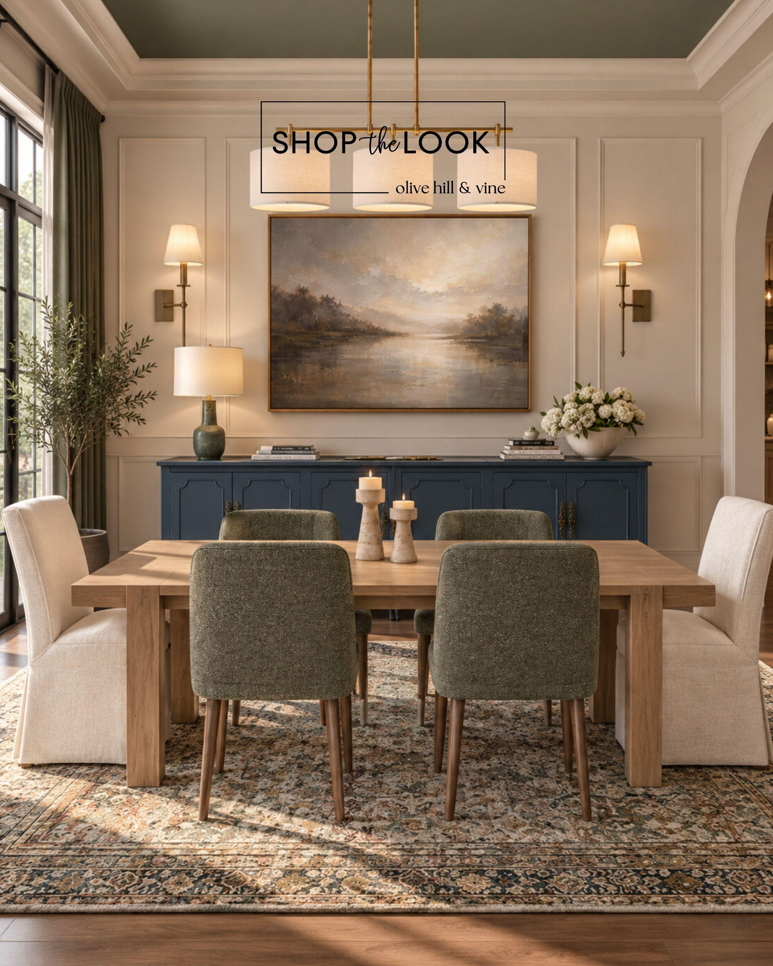 Rich navy, earthy olive, and warm wood tones come together in a dining room that feels both timeless and inviting. Layered lighting, classic details, and soft textures create an elegant space designed for gathering.

#LTKHome
