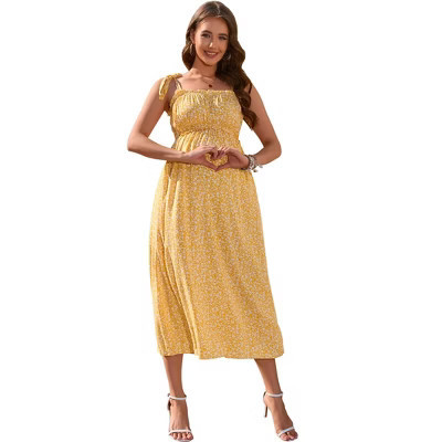 Women's Maternity Smocked Summer Spring Casual Boho Dress Spaghetti Strap Sleeveless Nursing Maxi Dress Baby Shower yellow Floral S | Target