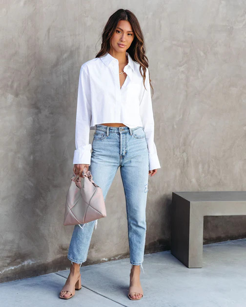 None Of Your Biz Cotton Cropped Button Up Top - White | VICI