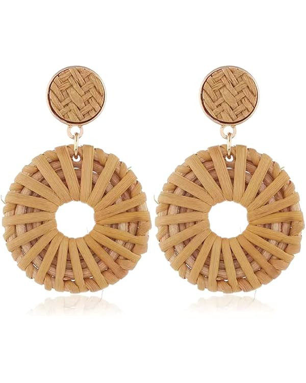 Bohemian Handmade Lightweight Rattan Earrings Geometric Wooden Woven Hollow Braid Hoop Drop Dangl... | Amazon (US)