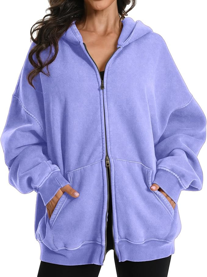 Womens Mens Zip Up Hoodie Oversized Acid Wash Hoodies Heavyweight Distress Cotton Fleece Zipper H... | Amazon (US)
