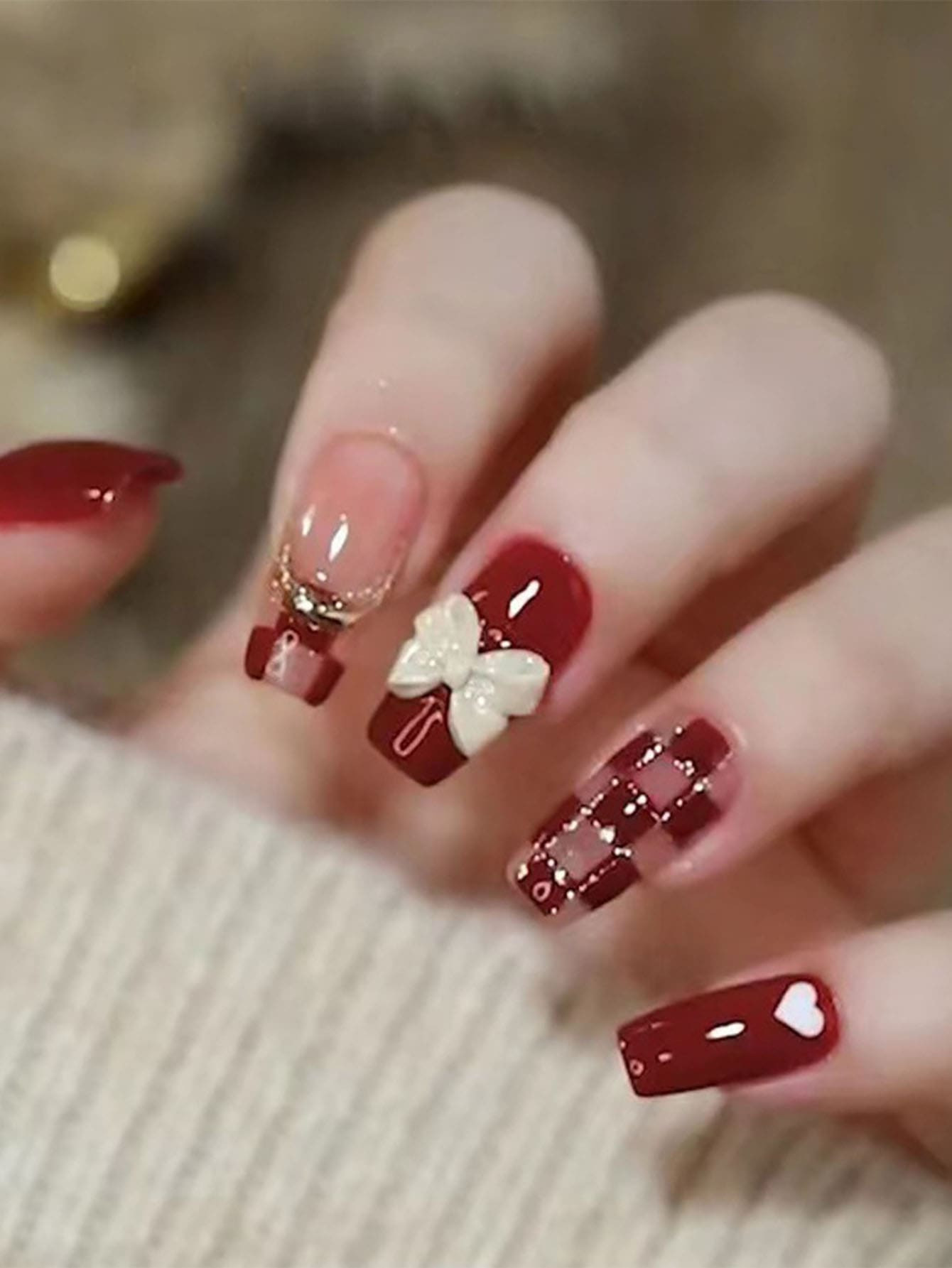 24pcs Y2K Style Long Fake Nails With Fashionable Heart & Checkerboard Pattern, Suitable For Women... | SHEIN