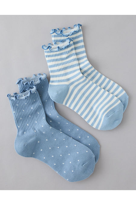 AE Polka Dot & Stripes Ruffle Cropped Crew Socks 2-Pack Women's Light Blue One Size | American Eagle Outfitters (US & CA)