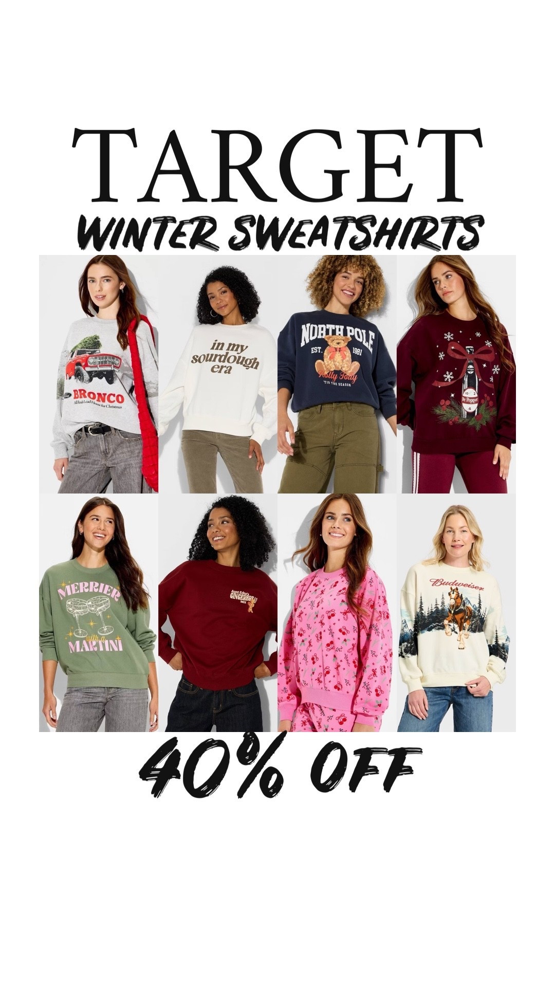 Winter sweatshirts at Target 40% off today only
Great for Thanksgiving and Christmas 🎄 

#LTKSaleAlert #LTKStyleTip #LTKFindsUnder50