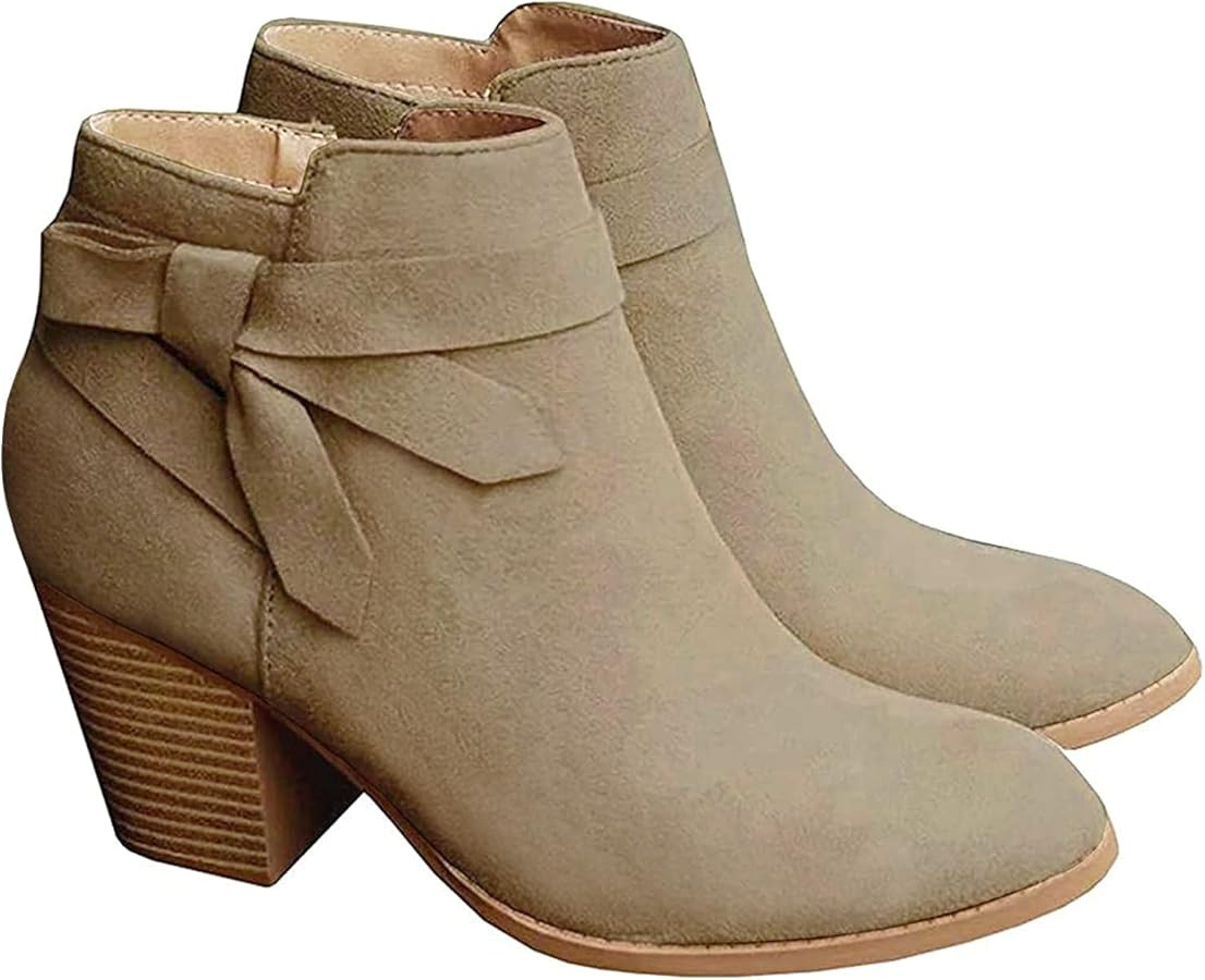 PiePieBuy Women's Tie Knot Chelsea Pump Ankle Boots Closed Toe Stacked Heel Booties Shoes | Amazon (US)