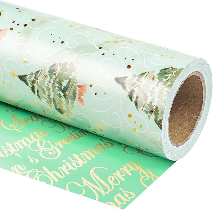 WRAPAHOLIC Reversible Christmas Wrapping Paper - Mini Roll - 17 Inch X 33 Feet - Watercolor Green... | Amazon (US)