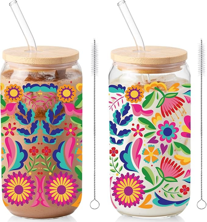 Sliner 2 Pcs Mexican Glass Cups Fiesta Cinco De Mayo Drinking Tumbler Mandala Flower Gifts 16 oz ... | Amazon (US)