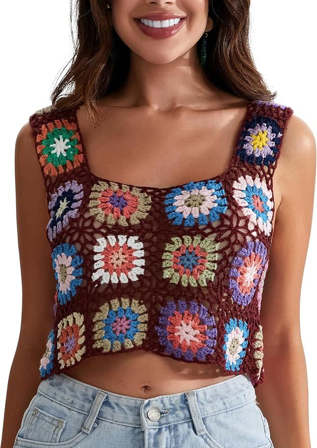 Womens Crochet Tank Top with Tassels Cover Ups Knit Colorful Floral Embroidery Summer Boho Camiso... | Amazon (US)