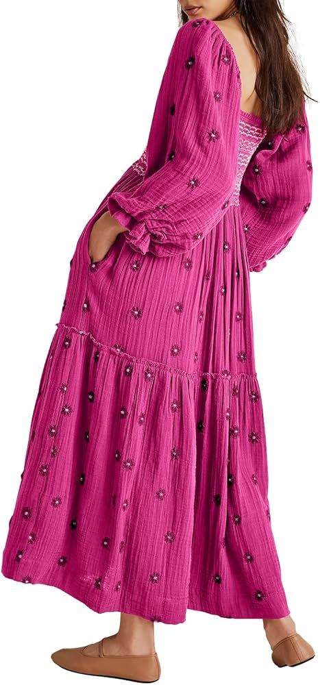 Shy Velvet Women's Summer Dresses 2024 Maxi Dress Long Sleeve Square Neck Embroidered Maxi Dress | Amazon (US)