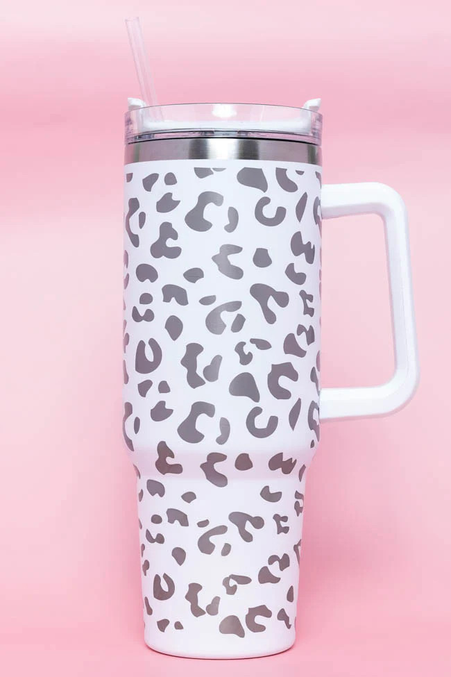 Sippin' Pretty White Leopard 40 oz Drink Tumbler With Lid And Straw | Pink Lily