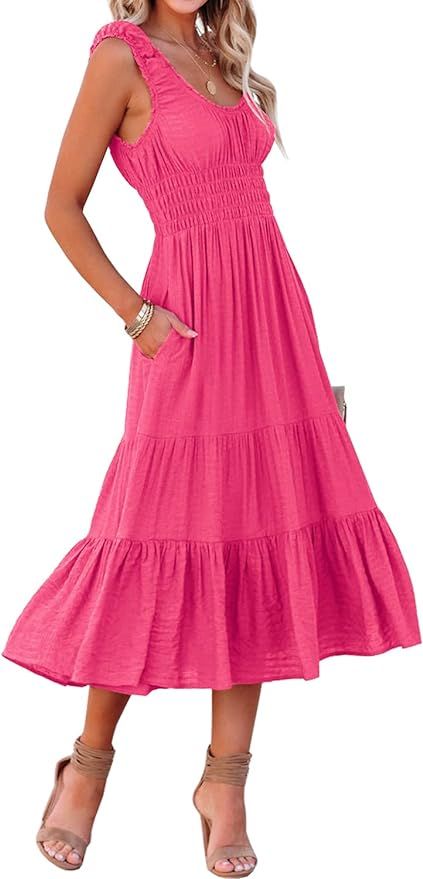 SENSERISE Womens Summer Boho Dress Sleeveless Midi Dress with Pockets Tiered Ruffle A Line Beach ... | Amazon (US)