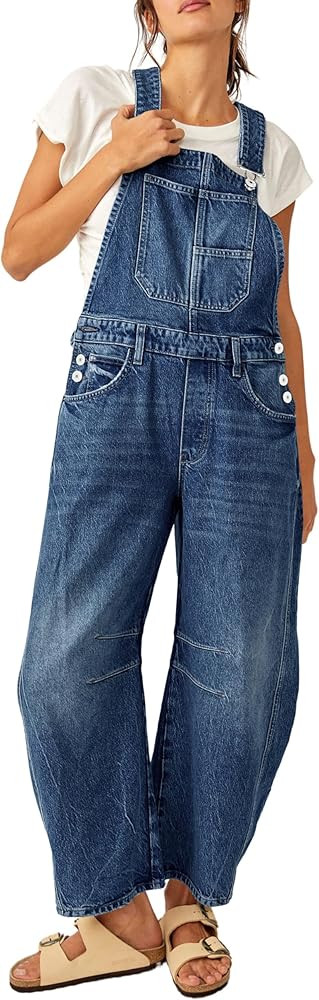 PLNOTME Womens Denim Bib Overalls Barrel Leg Adjustable Strap Jean Pants Jumpsuits with Pockets | Amazon (US)