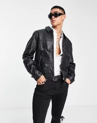 ASOS DESIGN real leather harrington jacket in black | ASOS (Global)