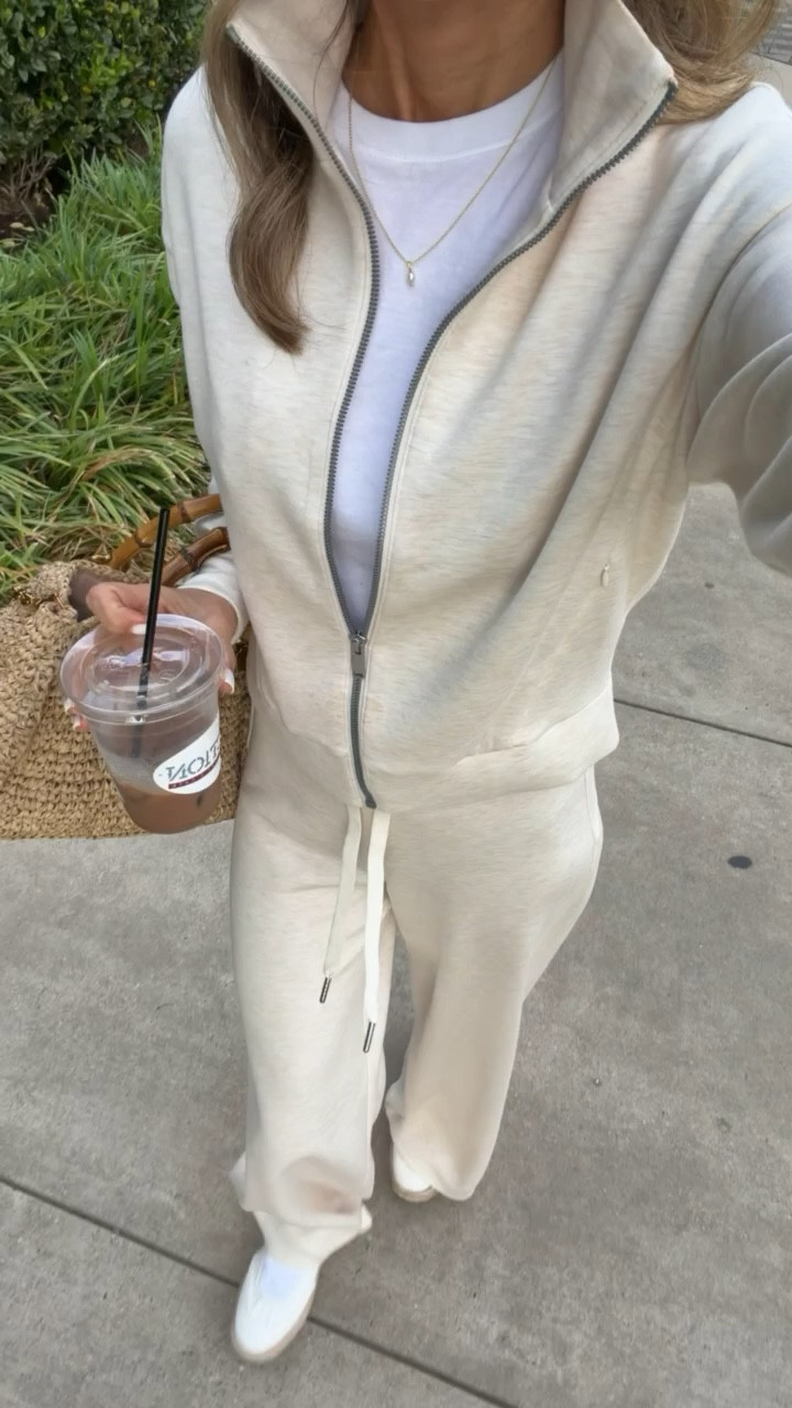 -Track jacket XS
-wide leg pant XS Reg length. I’m 5’6”
Code fashionedlifexspanx 

@Spanx 