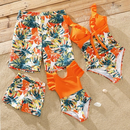 PatPat Family Matching Orange and All Over Tropical Plant Print Splicing Ruffle One-Piece Swimsuit and Swim Trunks Shorts | Walmart (US)