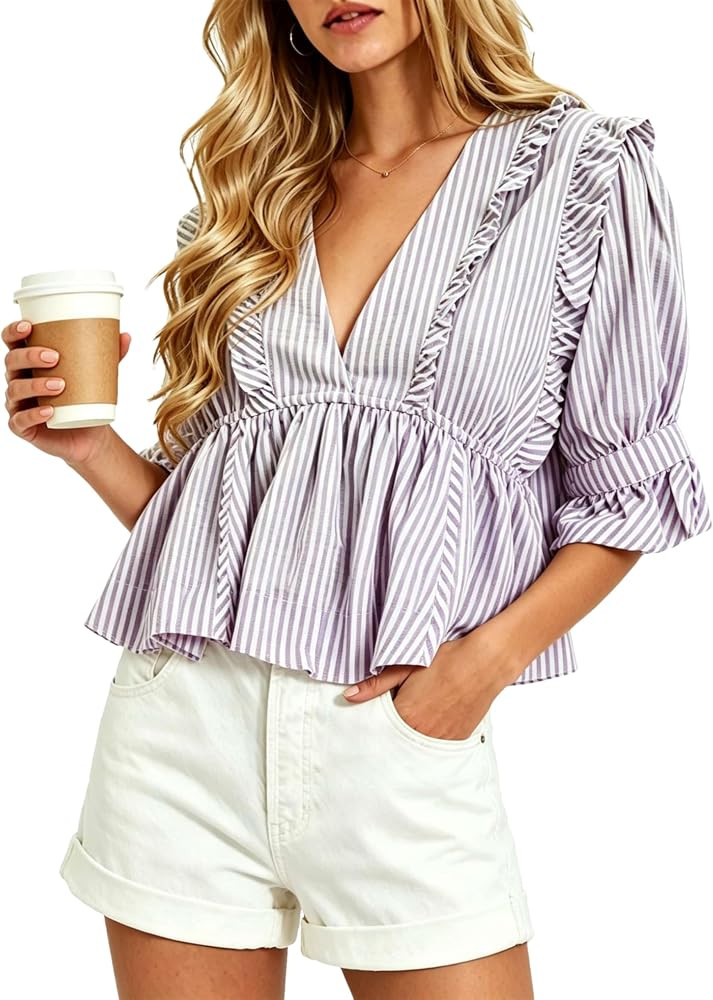 Bozanly Womens Summer Tops 2026 Deep V Neck Puff Short Sleeve Ruffled Cropped Striped Shirts | Amazon (US)