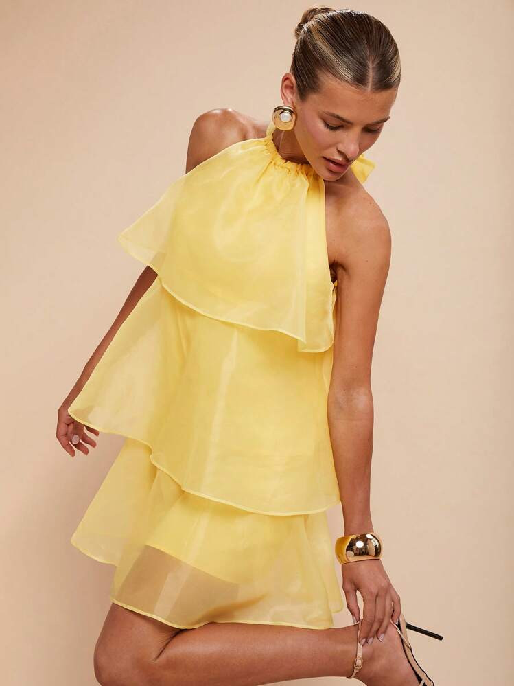 COSMINA Summer Dresses For Women,Women's Elegant Solid Color Knotted Halter Multi-Layer Ruffle He... | SHEIN