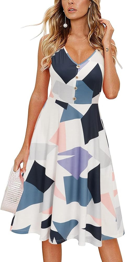 II ININ Women's Casual Summer V Neck Sleeveless Button Down Tank Dress Midi Floral Beach Party Sundr | Amazon (US)