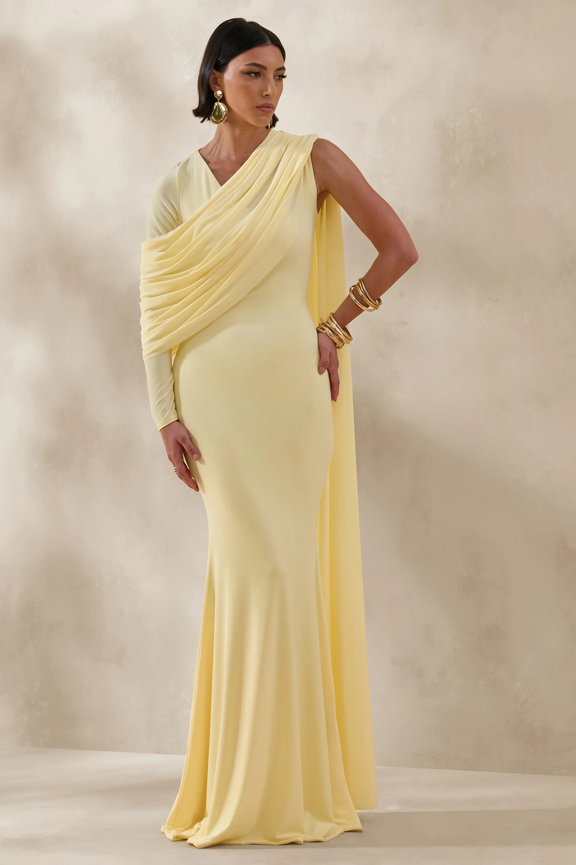 Rubelle | Lemon Asymmetric-Neck Maxi Dress With Draped-Detailing | Club L London