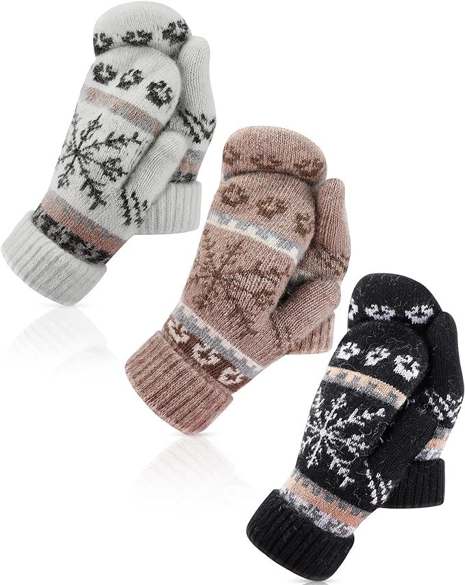 3 Pairs Women's Winter Gloves Warm Lining Mittens Knit Thick Wool Gloves Knit Mittens for Winter ... | Amazon (US)