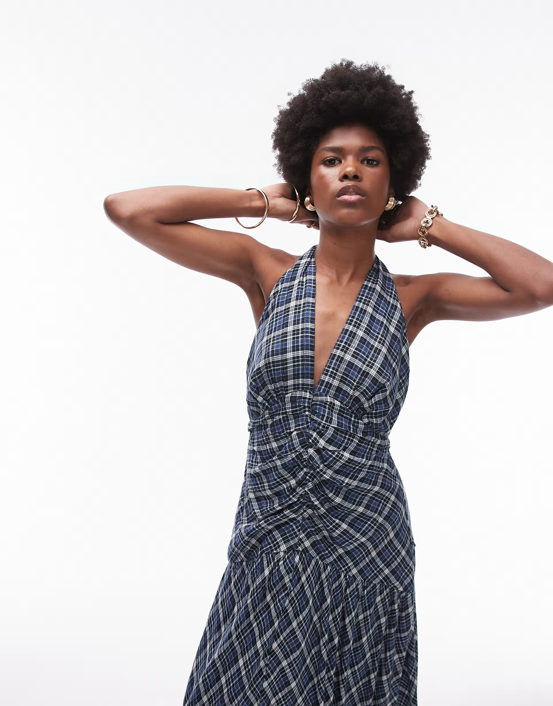 Topshop halterneck ruched front textured maxi dress in blue check | ASOS (Global)