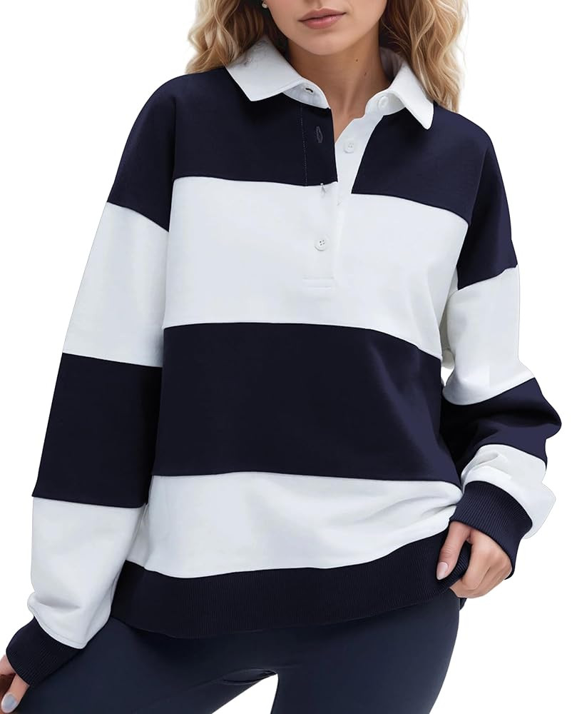 Women Striped Color Block Polo Sweatshirt Lapel Collared Long Sleeve Oversized Rugby Shirt 2025 T... | Amazon (US)