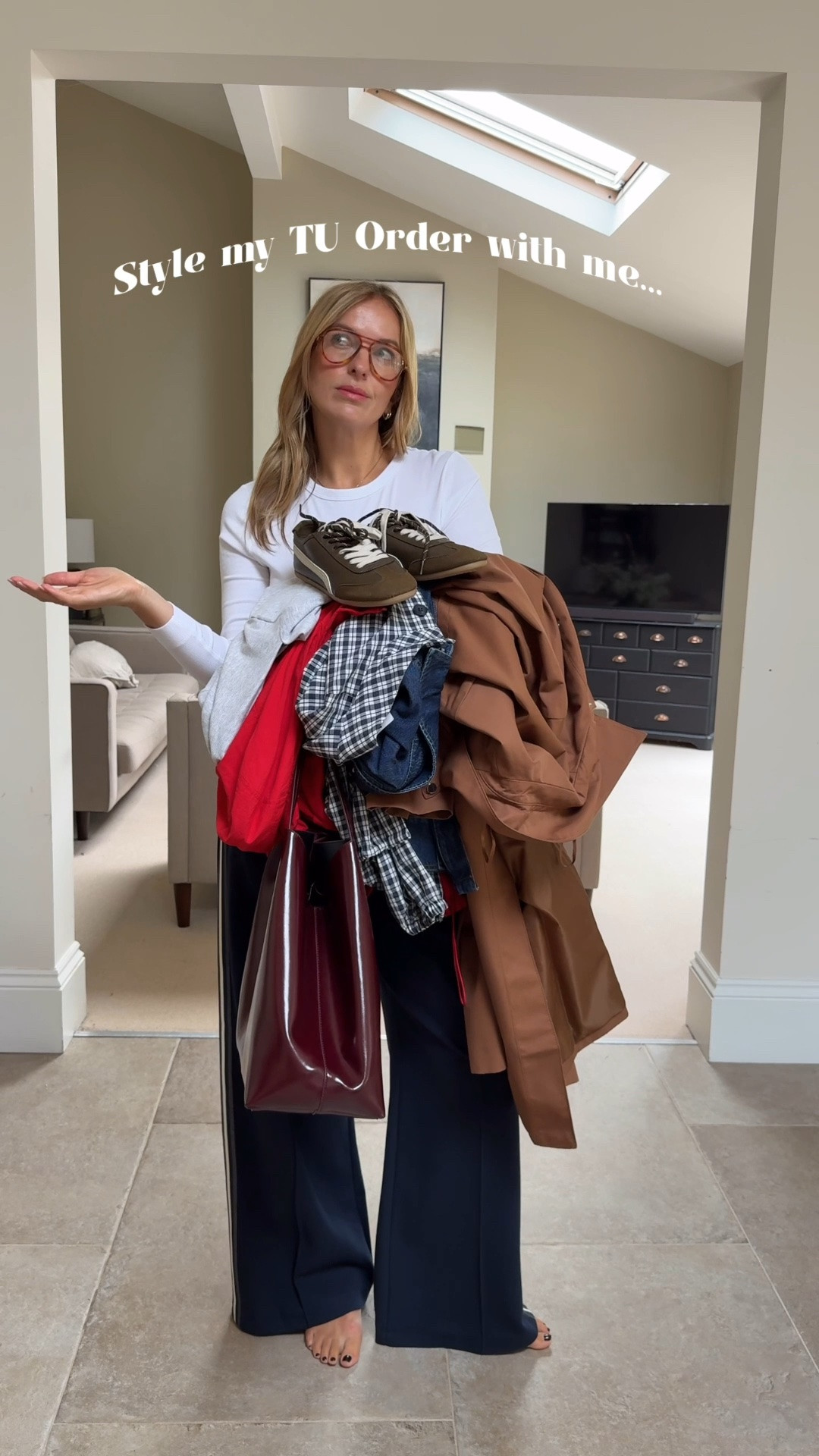 Sizing info … 
White T shirt - beautifully soft - wearing a U.K. 14
Trousers - wearing a U.K. 14 
Denim shirt - U.K. 14 
Trench - large 
Grey t shirt - U.K. 14 
Check jacket - U.K. 16 (oversizeda d lightweight- more blouse like) 
Red jacket - XL ( I think the fit is better loose) 
Trainers - true to size 

Ad 
Style on a budget 
Tu clothing

#LTKautumn #LTKtravel #LTKworkwear