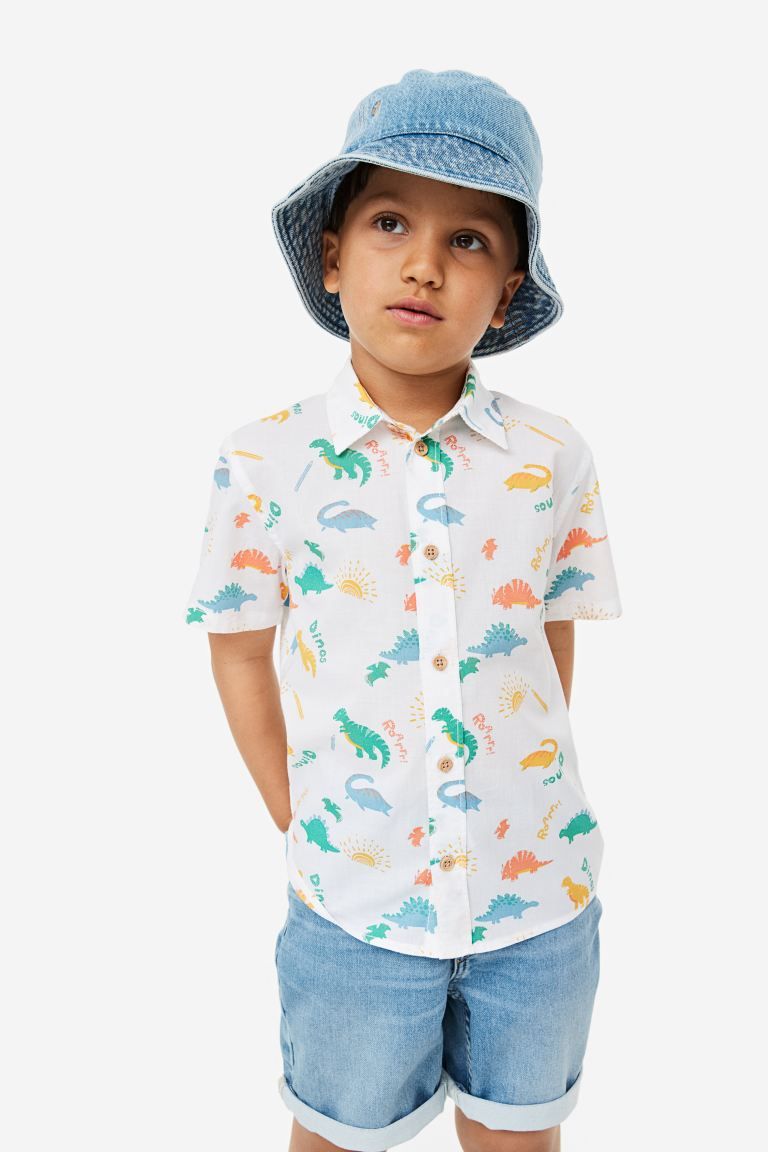 Short-sleeved Cotton Shirt - White/dinosaurs - Kids | H&M US | H&M (US)