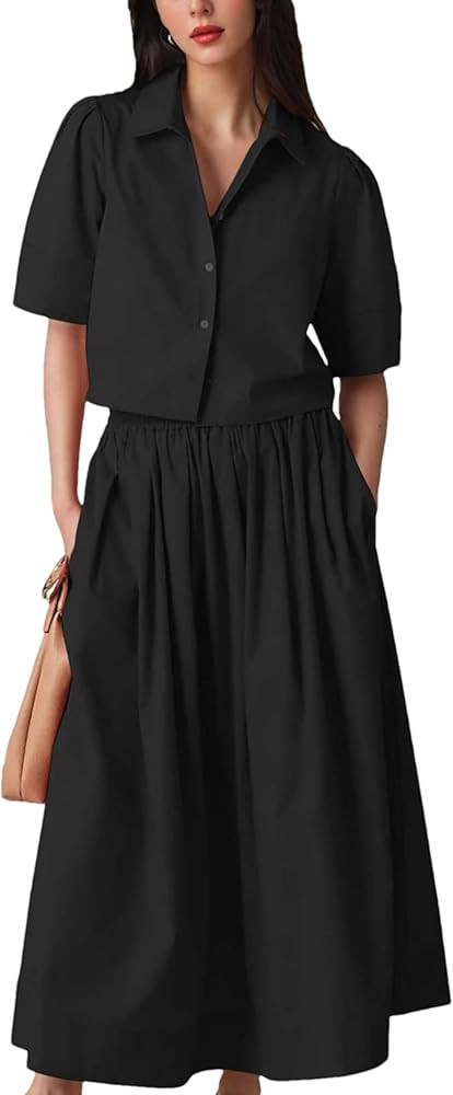 Womens Summer 2 Piece Outfits Skirt Sets Button Short Sleeve Tops Elastic Waist Maxi Dress Sets w... | Amazon (US)