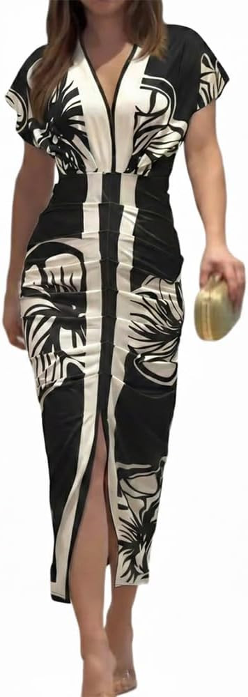 CHICME Dresses for Women Floral Plunge V Neck Ruched Midi Dress | Amazon (US)