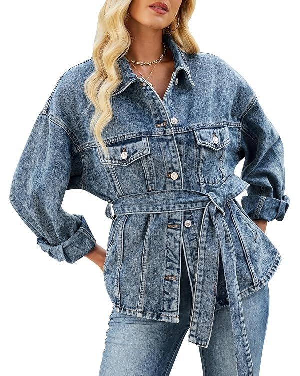 Kedera Womens Jean Jacket with Belt Oversized Long Sleeve Button Down Denim Coat Jeans Boyfriend ... | Amazon (US)