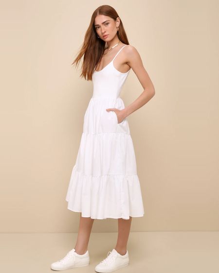 Lulus Lovable Cutie White Sleeveless Tiered Midi Dress With Pockets - White Dress - on sale under $25 #lulus #whitedresses #summerdresses

#LTKOver40 #LTKSaleAlert #LTKSummerSales