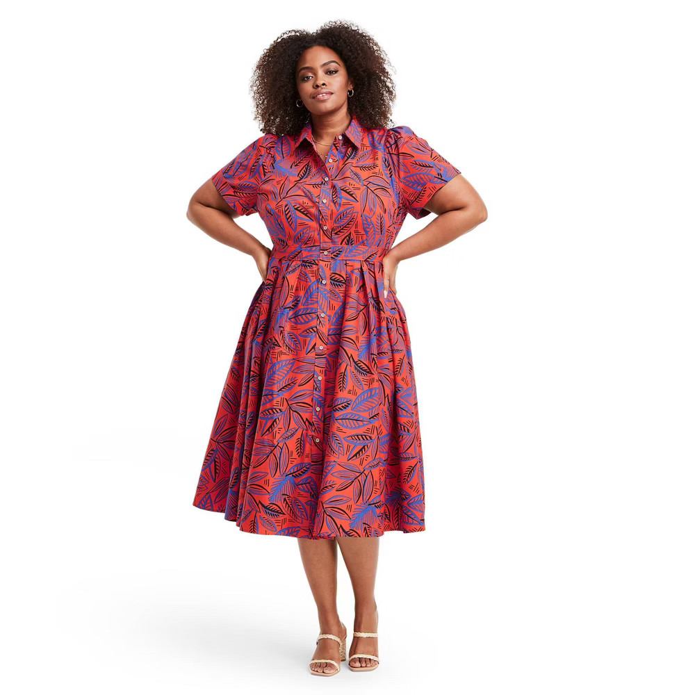 Plus Size Tropical Leaf Short Sleeve Shirtdress - ALEXIS for Target Orange/Blue 4X | Target