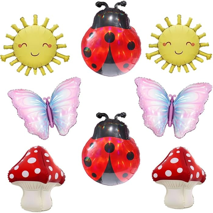8PCS Garden Party Foil Balloon Set for Kids Birthday, Ladybug Butterfly Mushroom Sun Balloons, Sp... | Amazon (US)