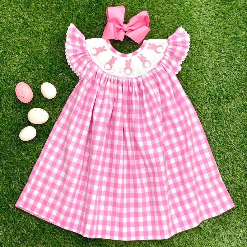 Easter Bunny Smocked Dress in Pink Gingham Flutter Sleeve Bishop Dress Heirloom, Vintage Style, M... | Etsy (US)