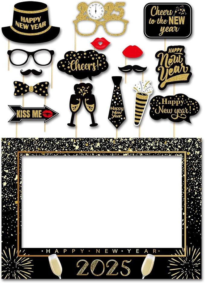 SWYOUN Glitter Happy New Year's Eve 2025 Party Photo Booth Props Supplies with Photo Frame(Pack o... | Amazon (US)