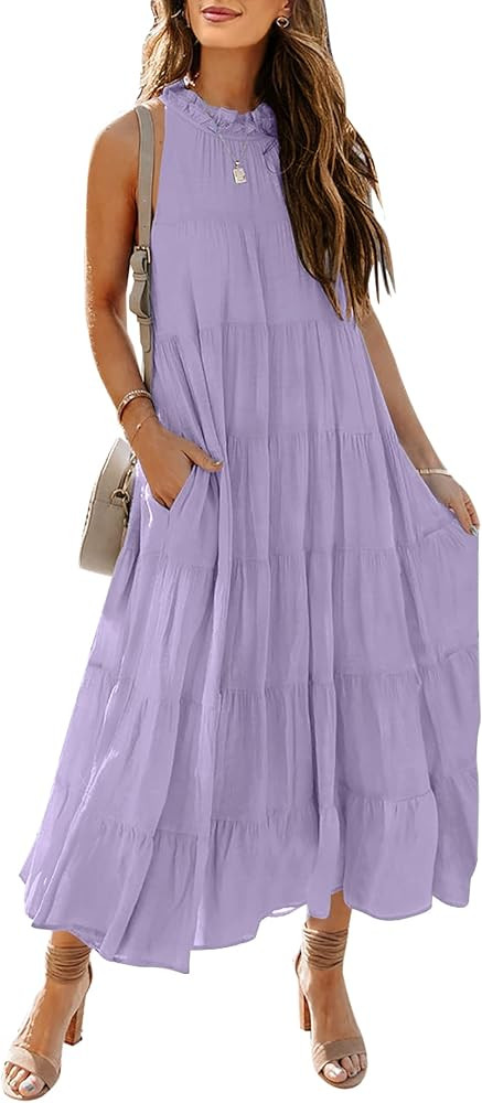 HAEOF Womens 2024 Summer Sleeveless Halter Maxi Dress Pleated Tiered Swing Beach Long Dresses Sun... | Amazon (US)