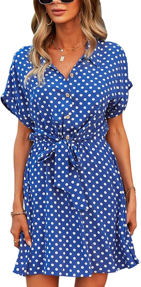 Angashion Women Dresses Casual Short Sleeves Floral Print Button Down V Neck Summer Boho Midi Dre... | Amazon (US)