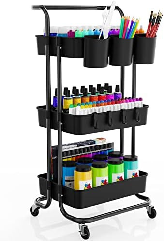 3-Tier Rolling Mobile Utility Cart with Hanging Cups & Hooks & Handle Multifunctional Organizer Stor | Amazon (US)