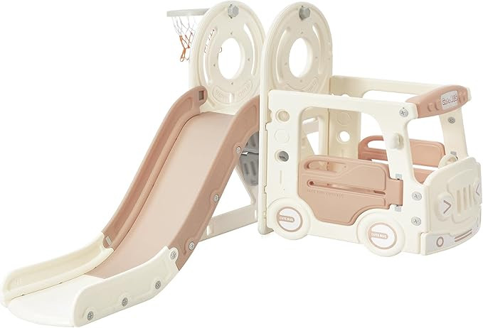 Merax 4-in-1 Kids Slide with Climber, Basketball Hoop & Bus Playhouse, Outdoor Indoor Slide Plays... | Amazon (US)