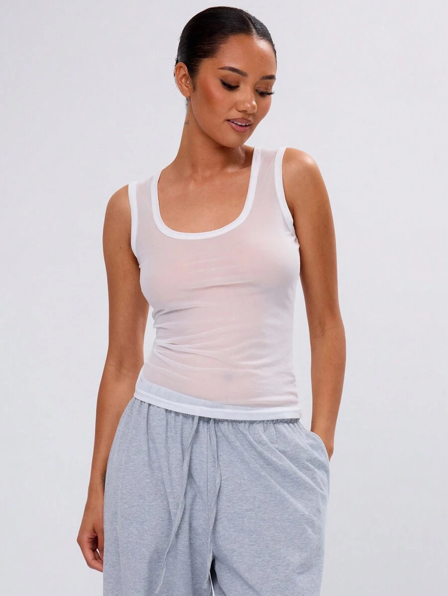 MUSERA White Mesh Fitted Tank Top Casual Summer For Spring Vacation | SHEIN