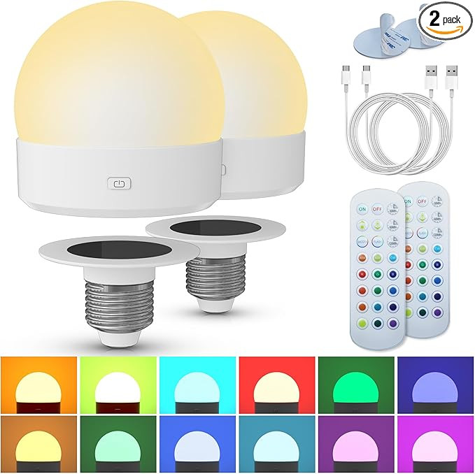 Rechargeable Battery Night Light Bulb: 3000mAh LED Bulb with Remote Control for Lamp, Wireless E2... | Amazon (US)