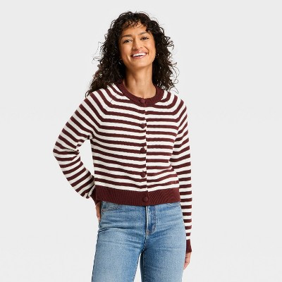 Women's Crewneck Cotton Cardigan - Universal Thread™ Maroon Striped XS | Target