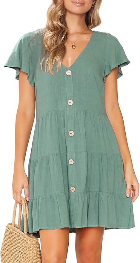 MITILLY Women's Summer Sleeveless V Neck Button Down Casual Pocket Swing Short Dress | Amazon (US)