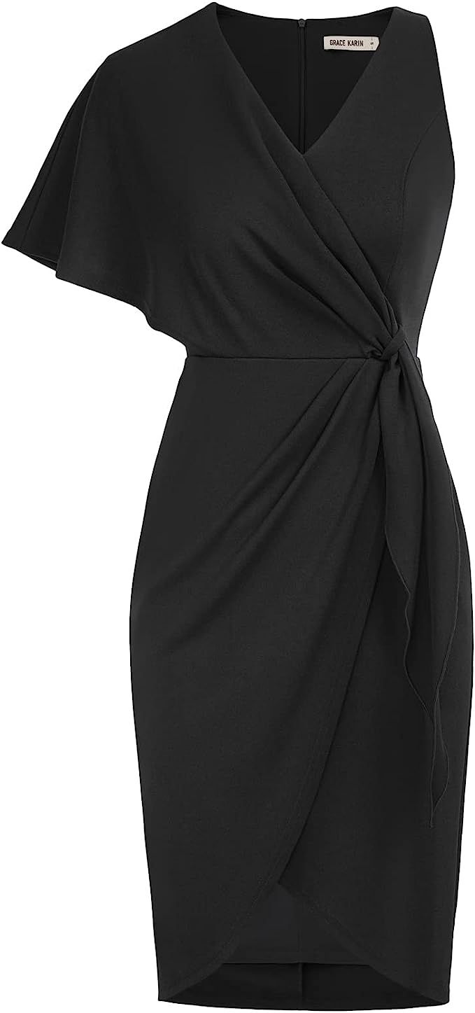GRACE KARIN Summer Formal Midi Dresses for Women Wrap V-Neck Asymmetrical Sleeve Rouched Bodycon ... | Amazon (US)