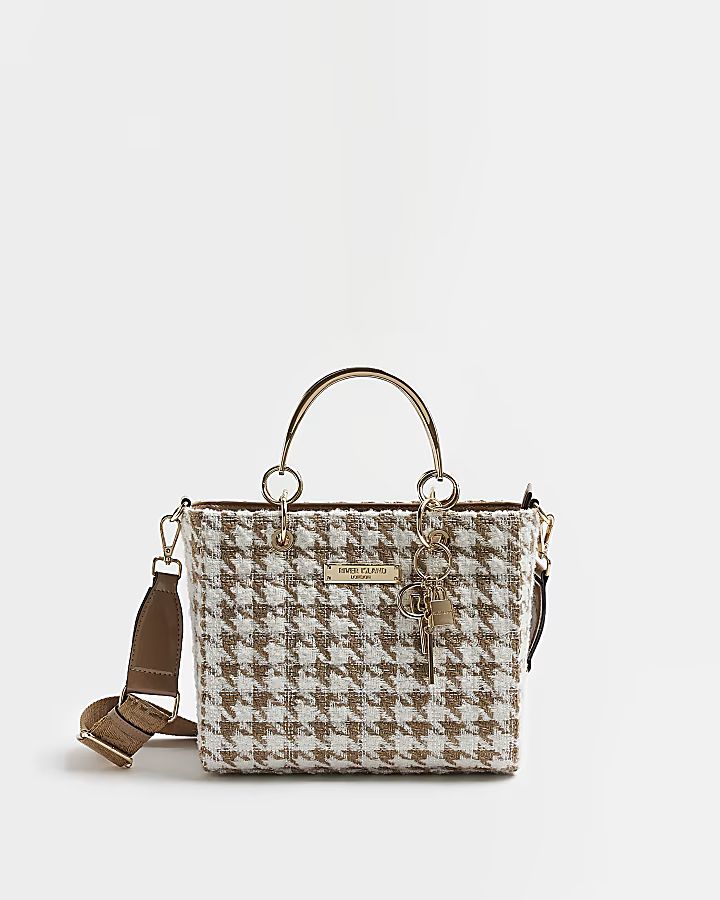 Beige dogtooth boucle tote bag | River Island (UK & IE)