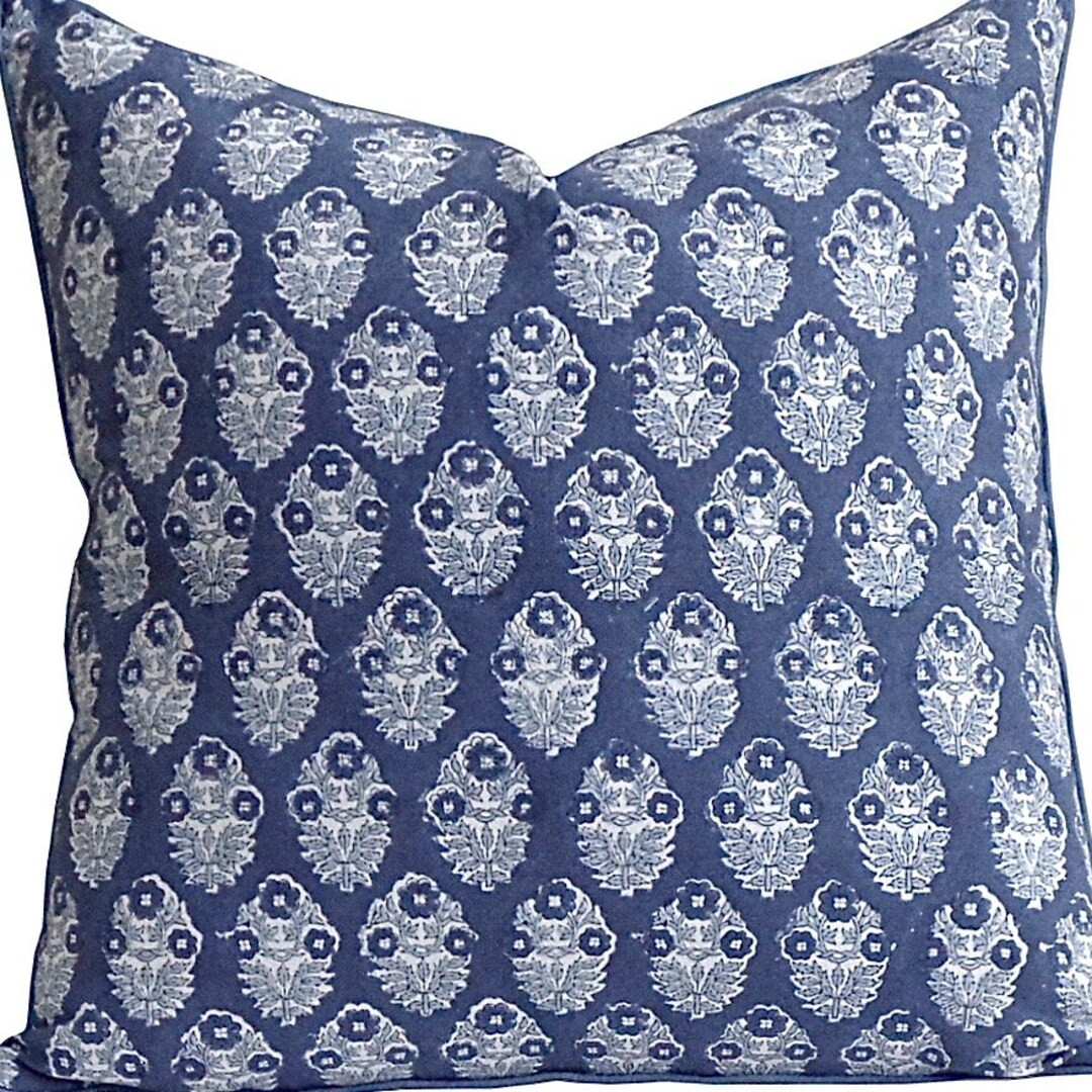 20 Inch Block Print Pillow Cover, Indigo Blue With Contrast Piping, Zipper, Cotton, Couch, Bed, L... | Etsy (US)