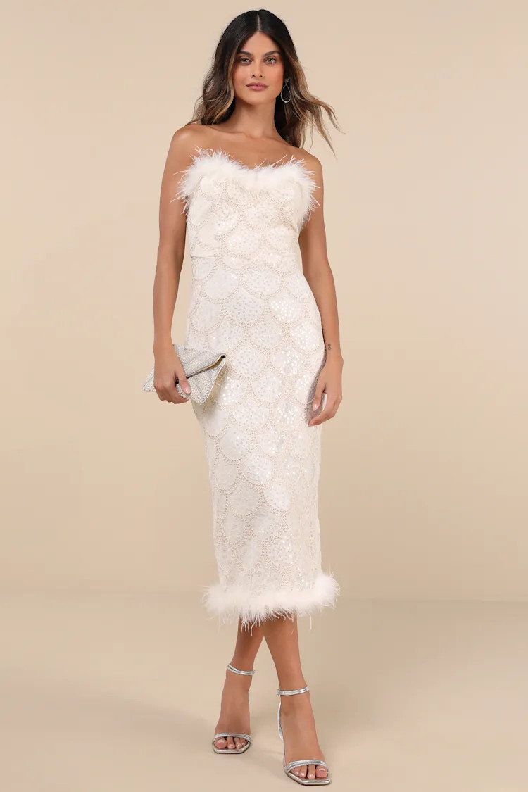 Uniquely Confident Cream Lace Feather Strapless Midi Dress | Lulus