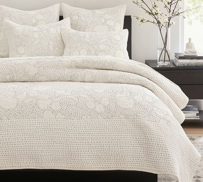 Contrast Floral Stitch Handcrafted Cotton Quilt & Shams | Pottery Barn (US)